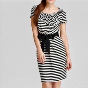 kate spade knit stripe short sleeve dress navy white embroidered flower bow tie